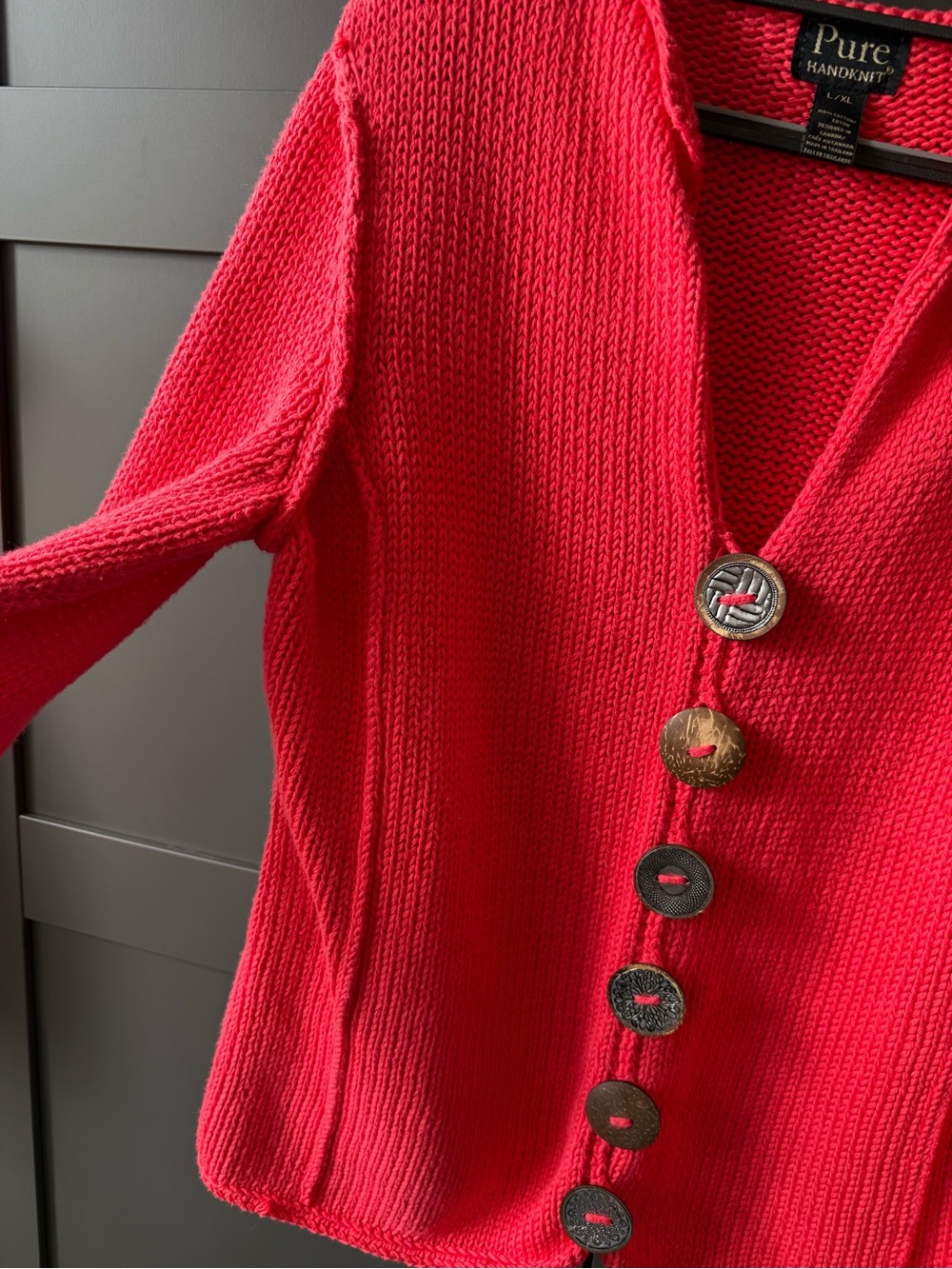 Pure Handknit brand Bright coral Chunky 100% cott Knit Sweater. L 12/14 Canada - Picture 10 of 15